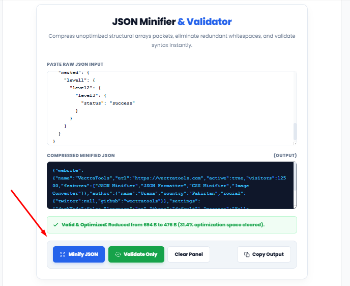 Minified JSON Output Result Screen