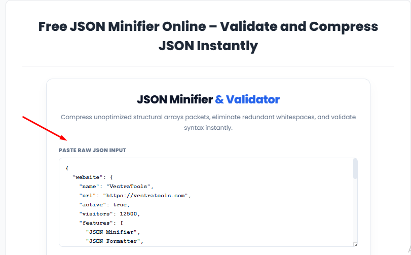 Free JSON Minifier Tool Interface